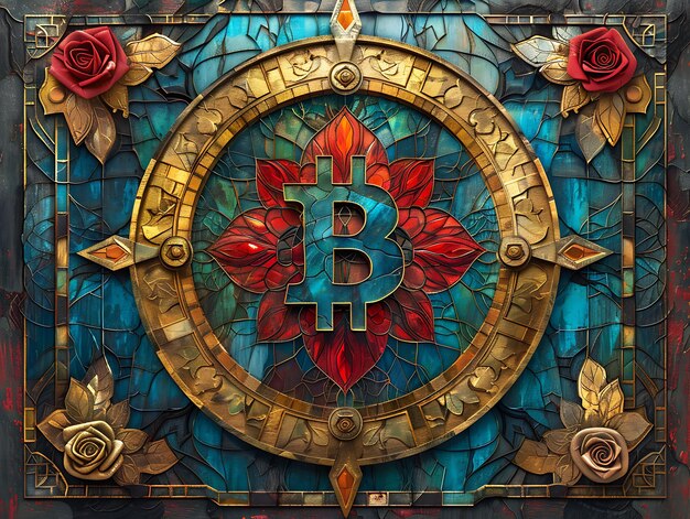 Papel de pared artístico con diseño de vidrio teñido de Bitcoin con ilustración de antecedentes de comercio de criptomonedas