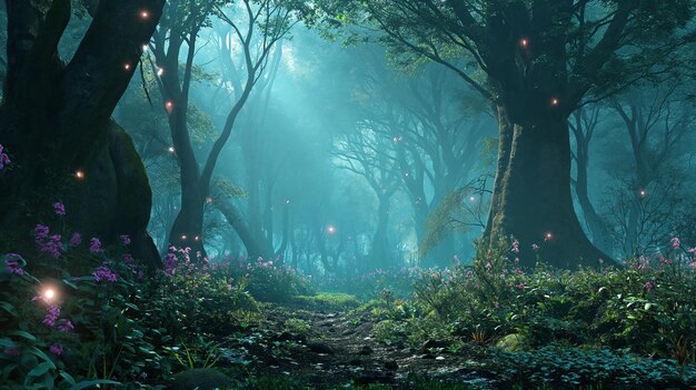 Foto papel de pared de bosque místico en 3d árboles encantados fondo de iluminación mágica