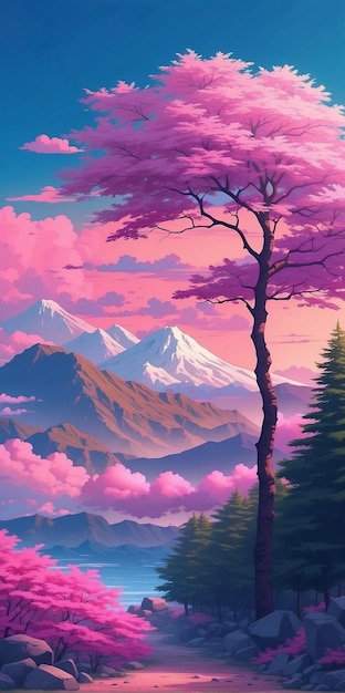 Foto papel de pared de estilo anime japonés ilustración sakura y montañas 4