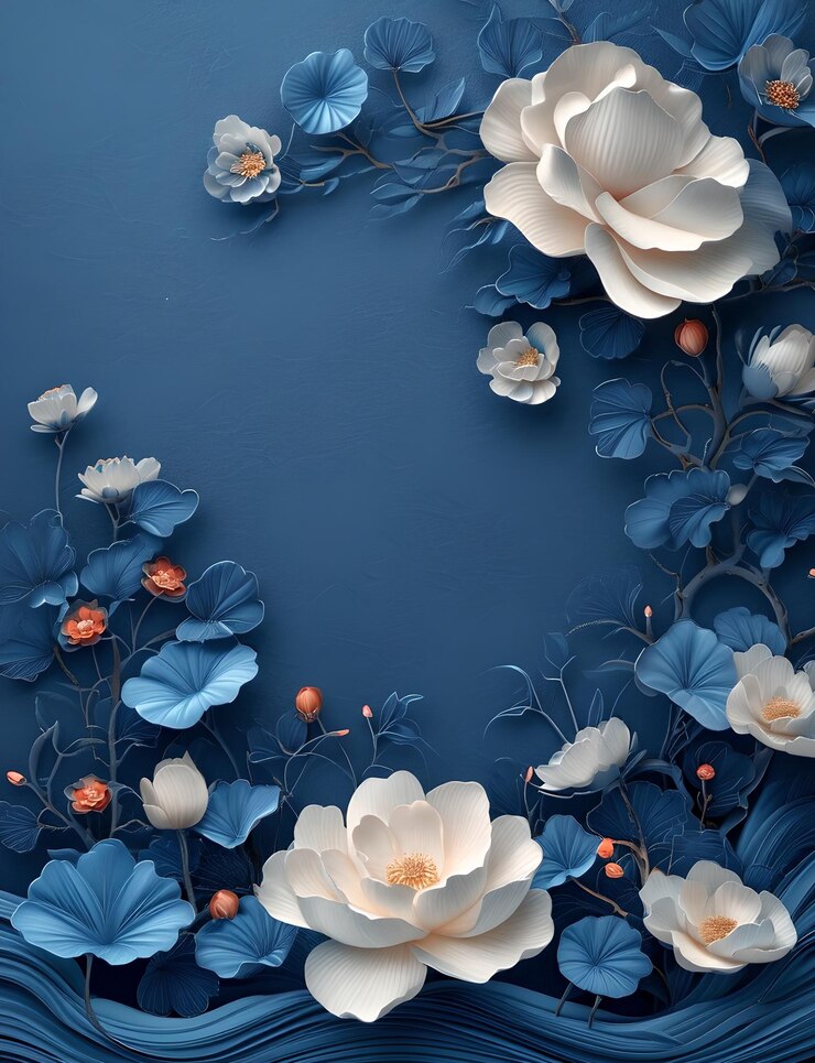 Papel de pared floral azul con lirios blancos y bayas hermoso fondo elegante y sereno para el hogar