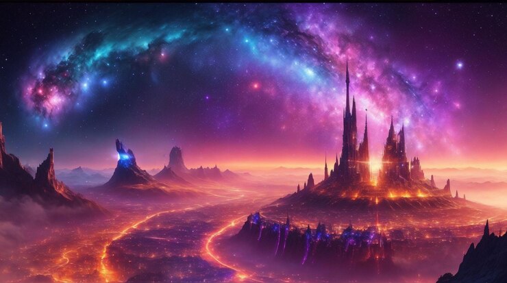 Papel de pared de foto panorama épico con paisaje galáctico de la ciudad celestial