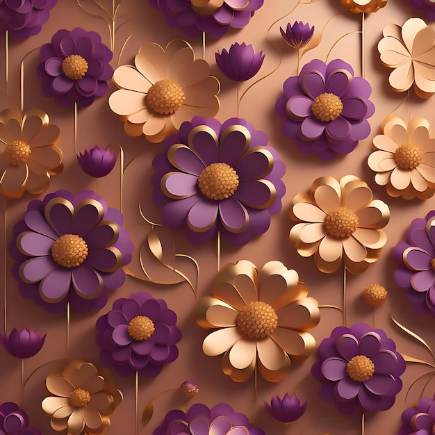 Papel de pared de ilustración 3D patrón sin costuras floral oro y púrpura