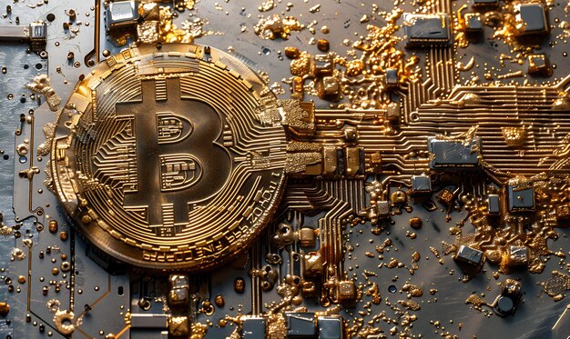 Papel de pared metálico con un diseño de Bitcoin hecho de ilustraciones brillantes de R