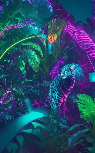 Foto papel de pared de neon jungle con plantas y animales exóticos