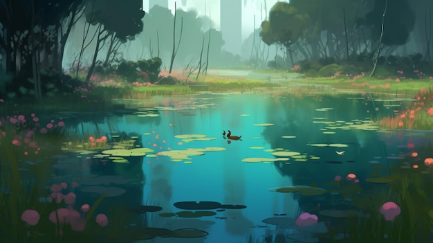 Papel de pared de paisaje del bosque de Lofi diseño de fondo estilo anime manga arte de ilustración IA generativa