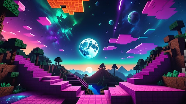 Foto el papel de pared psicodélico de minecraft en vivo es el espacio libre de la superficie voxel del mundo de minecraft