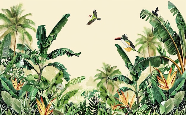 Papel de pared de la selva tropical pájaro hojas tropicales flores tropicales papel de pared para impresión digital papel de parede de la selva exótica ilustración generada por IA
