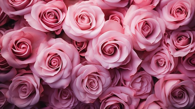 Papel de pared de textura con una vista superior de las flores de rosas rosas Día de San Valentín IA generativa