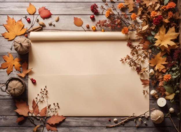 Papel de pergamino en blanco con flores de otoño y plantas como flores de piñones hojas de arce en madera