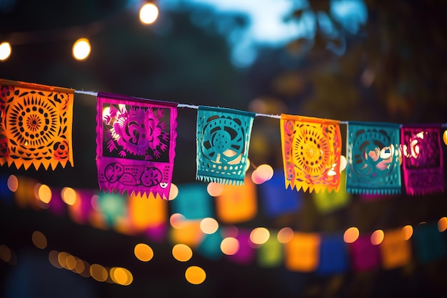 Papel picado pendurado graciosamente na festa da noite Feriado nacional dios de los muertos