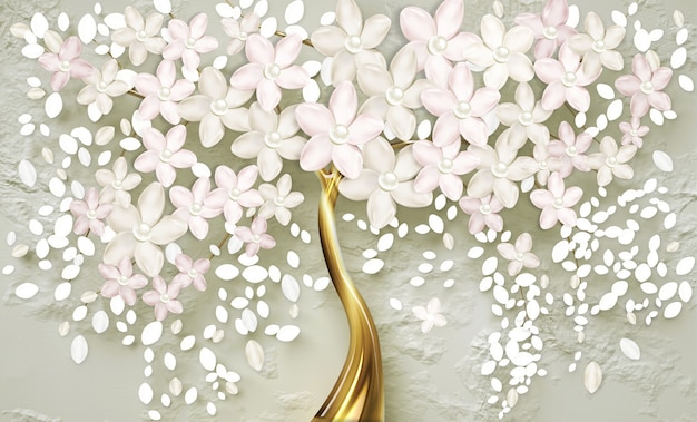 Papel pintado 3d para fotomural árbol con tallo dorado y perla dorada con flores blancas