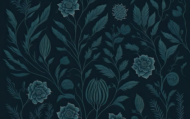 Un papel pintado azul oscuro con un diseño floral.
