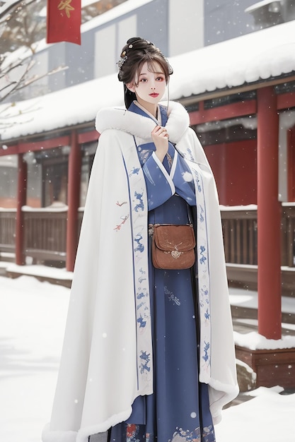 Foto papel pintado belleza clásica china con chaqueta cheongsam hanfu en el frío invierno y nevando.