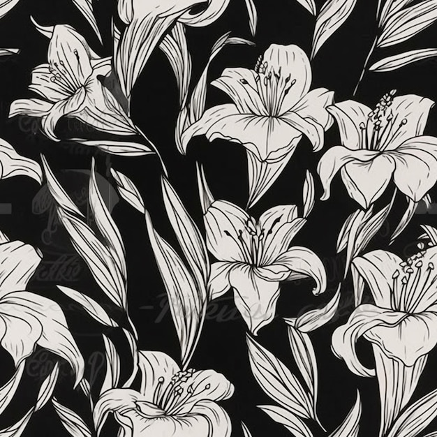 Un papel pintado en blanco y negro con flores y hojas blancas.