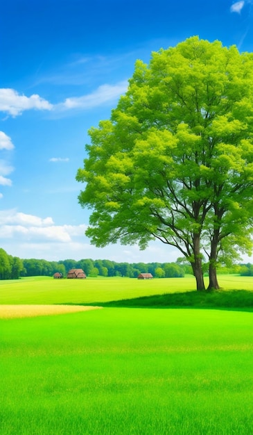 Papel pintado Un campo verde con árboles y una casa roja en el horizonte.