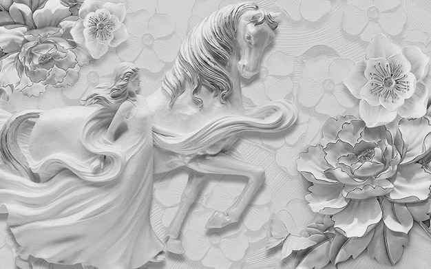 Papel Pintado Chica Nórdica 3D Bajo Relieve y Flores