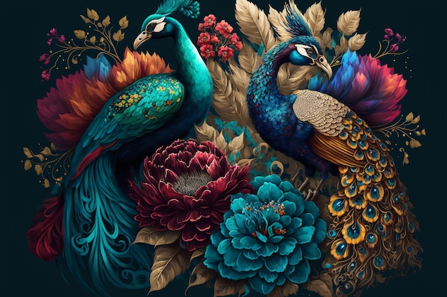 Papel pintado con dibujo al óleo de un grupo de pavos reales de colores.