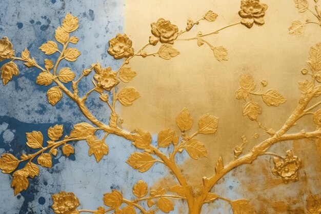 Un papel pintado dorado con un árbol y flores.