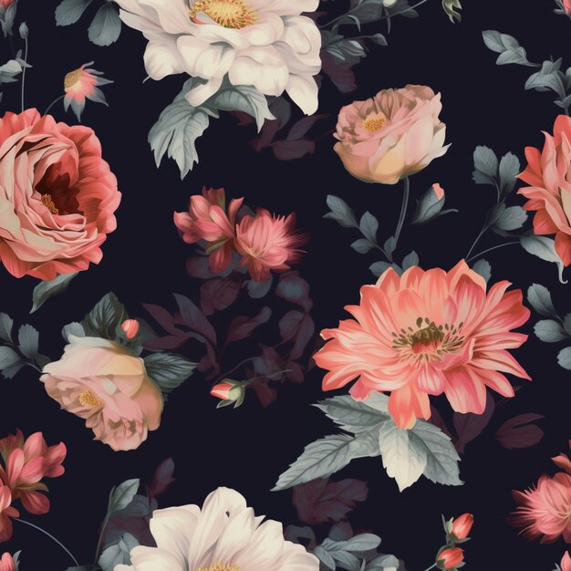 Papel pintado floral negro con fondo negro y una flor rosa y blanca.