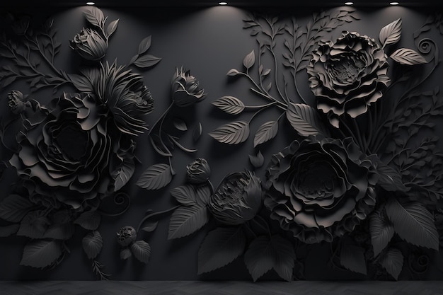 Papel pintado floral negro de rosas negras AI generativa