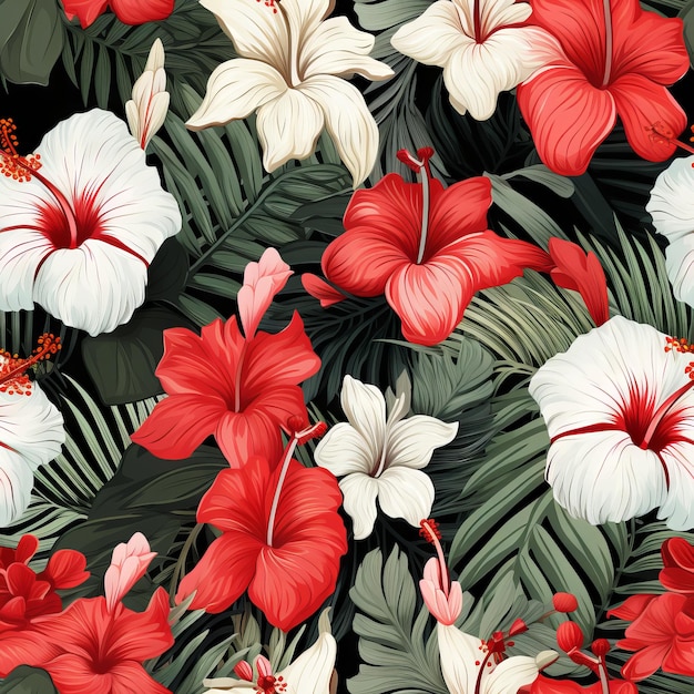 Papel pintado floral con pintura tropical Plumeria de hibisco rojo y rosa y hoja de plátano de palma