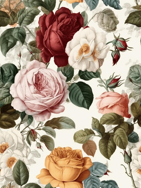 Un papel pintado floral con rosas y hojas.