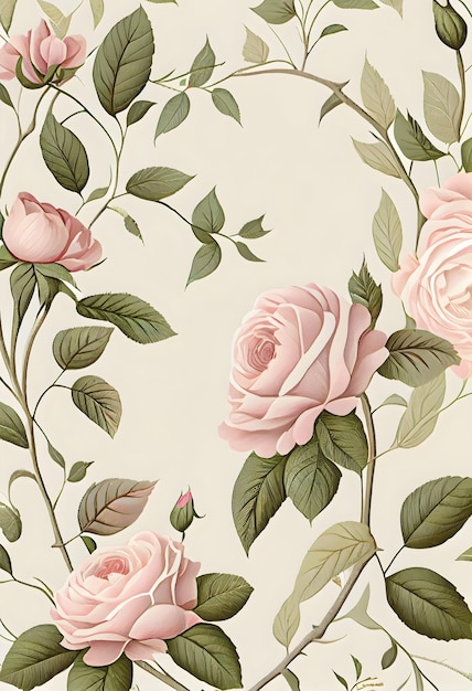 Un papel pintado floral con rosas rosadas y hojas verdes.