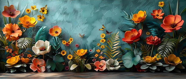 Papel pintado floral vívido con flores plantas y mariposas en una pared Concepto Papel pintada floral plantas mariposas vívidas