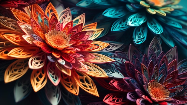 Un papel pintado de flores de colores con un fondo negro y una flor de colores en el medio.