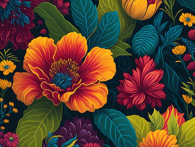 Papel pintado de flores de flores multicolores Generative Ai