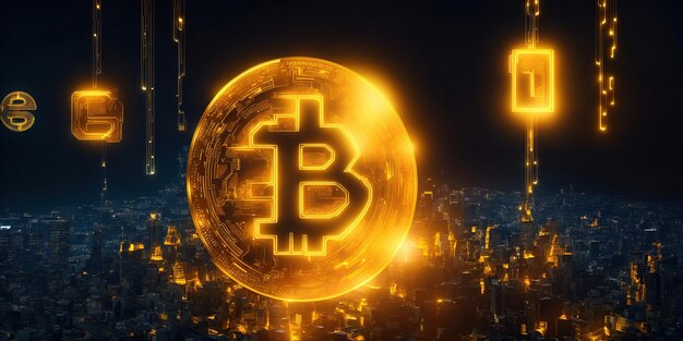 Papel pintado con fondo abstracto y concepto de dinero digital bitcoin dorado