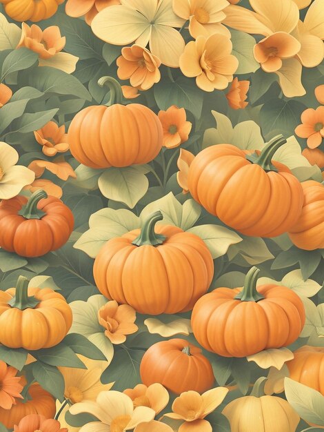 Papel pintado de fondo con estampado de calabazas y flores de otoño vintage ilustrado