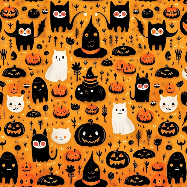 un papel pintado con fondo negro y naranja con un gato negro y calabazas.