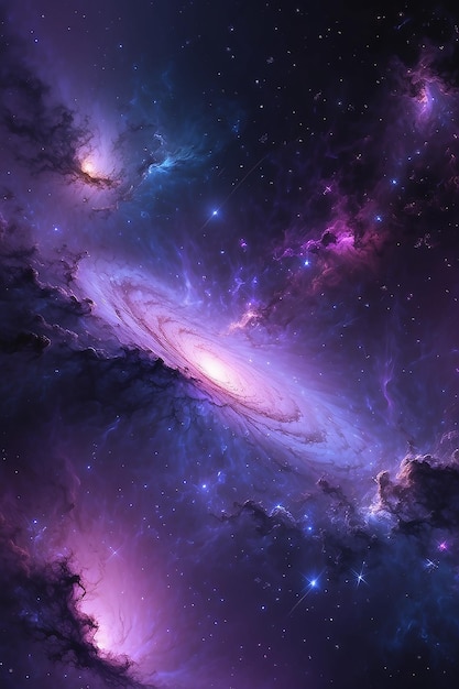 Papel pintado de galaxias espaciales en tonos de púrpura oscuro y claro luz y color realistas uso de cielos vibrantes y texturas realistas IA generativa