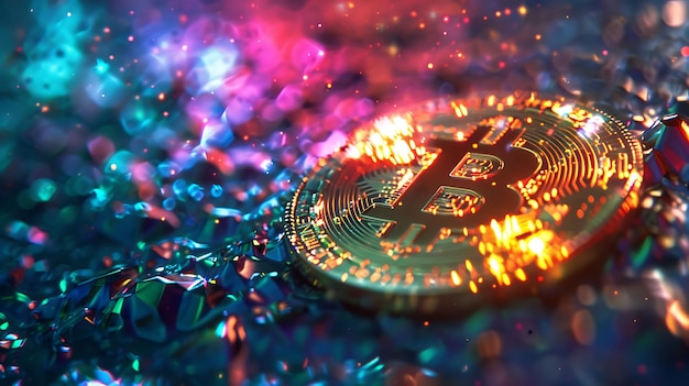 Foto papel pintado holográfico con un diseño de bitcoin que parece a la ilustración de fondo de comercio de criptomonedas