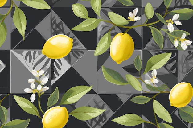 Un papel pintado con limones y hojas.