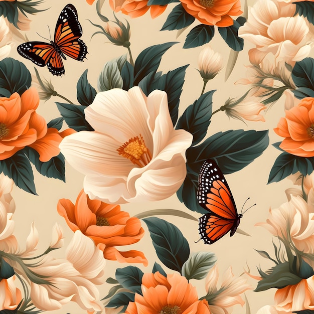 Un papel pintado con una mariposa y flores.