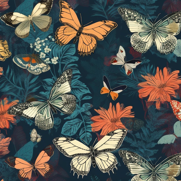 Un papel pintado con mariposas y flores.