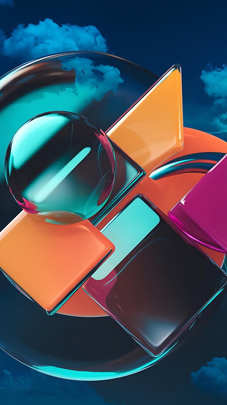 Papel pintado móvil abstracto con formas translúcidas superpuestas en colores audaces y vibrantes como el azul azulado