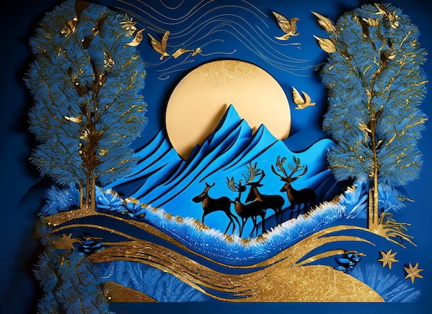 Papel pintado mural azul oscuro de la época contemporánea Árbol de Navidad Montaña Queridos pájaros