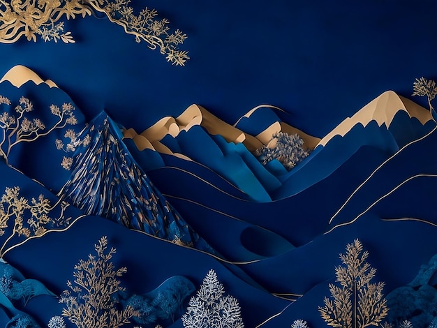 Papel pintado mural azul oscuro de la era contemporánea montaña de árboles y olas de oro sobre un azul oscuro