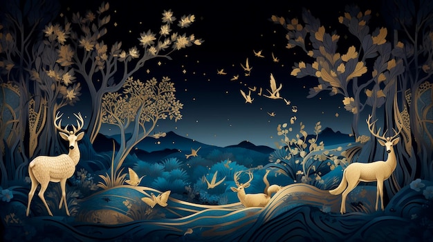 Papel pintado mural azul oscuro de la era contemporánea Árbol de Navidad ciervos de montaña pájaros y olas de oro sobre un fondo azul oscuro que representa una jungla o un bosque IA generativa