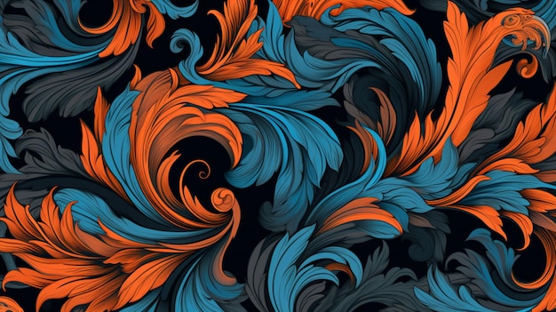 Papel pintado naranja y azul con fondo negro.