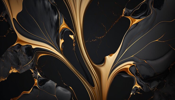Papel pintado negro y dorado con fondo de mármol negro