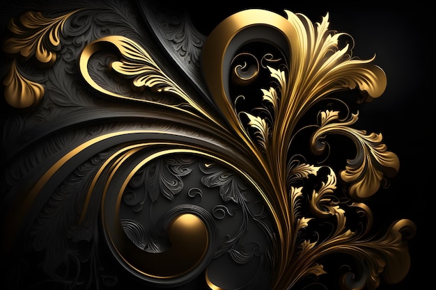 Papel pintado negro y dorado con motivos florales