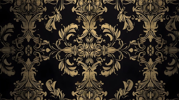 Un papel pintado negro y dorado con un patrón floral.