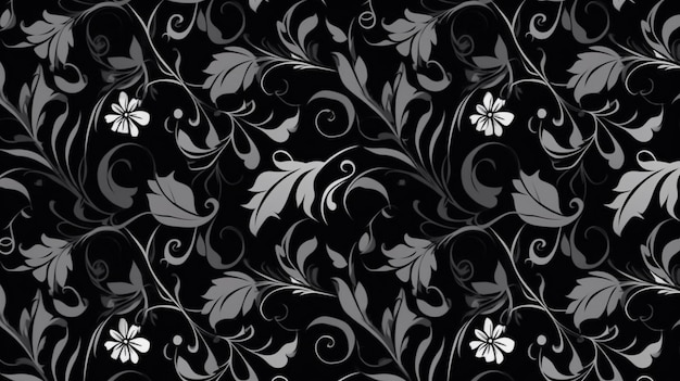 Papel pintado negro y plateado con motivos florales.