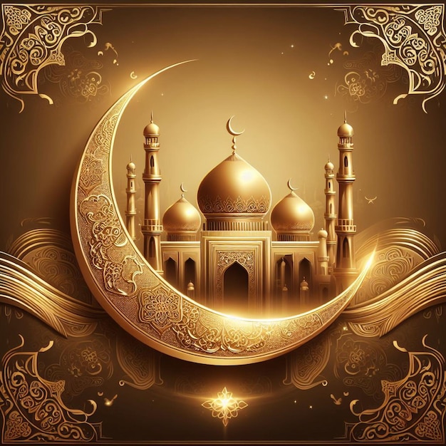 Papel pintado de oro de lujo de Eid Mubarak con intrincada luna creciente y mezquita