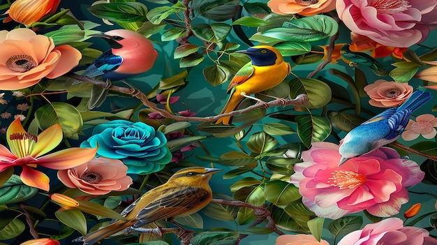 Papel pintado de paisaje 3D de pájaros sentados en plantas de flores