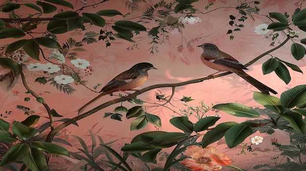 Papel pintado de paisaje 3D de pájaros sentados en plantas de flores